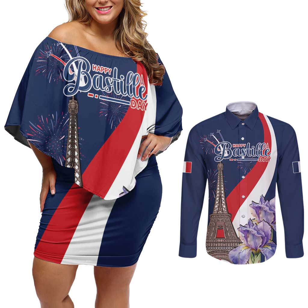 Personalized France Bastille Day Couples Matching Off Shoulder Short Dress and Long Sleeve Button Shirt Le 14 Juillet