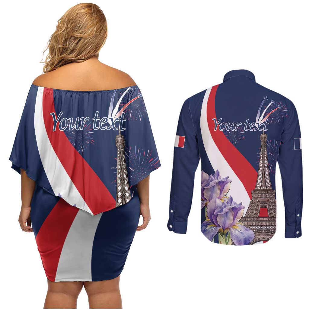 Personalized France Bastille Day Couples Matching Off Shoulder Short Dress and Long Sleeve Button Shirt Le 14 Juillet