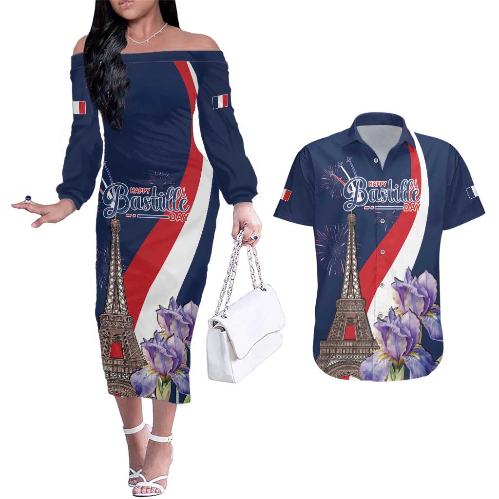 Personalized France Bastille Day Couples Matching Off The Shoulder Long Sleeve Dress and Hawaiian Shirt Le 14 Juillet