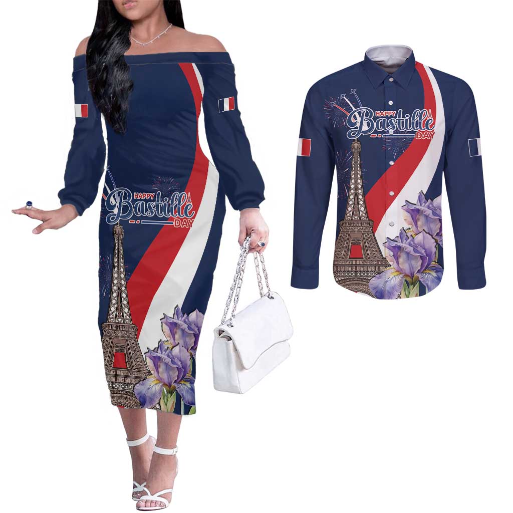 Personalized France Bastille Day Couples Matching Off The Shoulder Long Sleeve Dress and Long Sleeve Button Shirt Le 14 Juillet