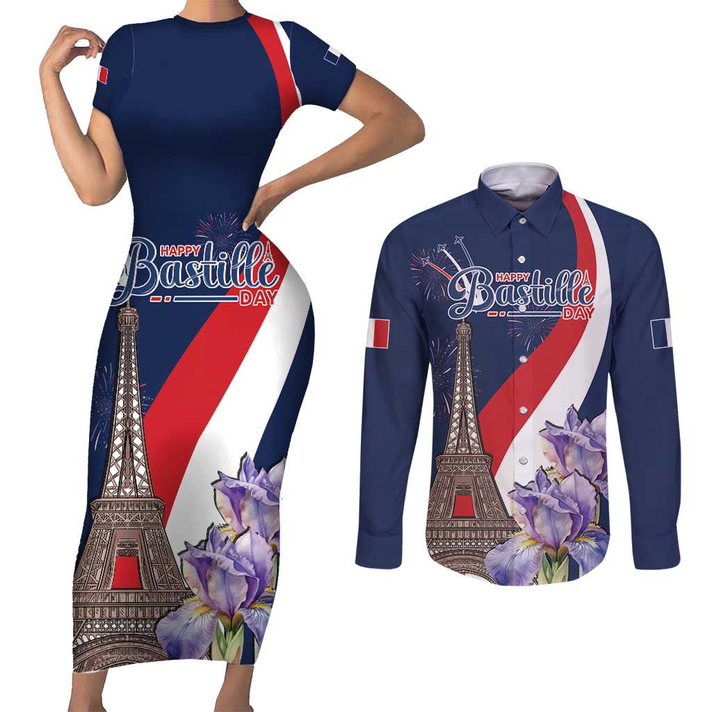 Personalized France Bastille Day Couples Matching Short Sleeve Bodycon Dress and Long Sleeve Button Shirt Le 14 Juillet