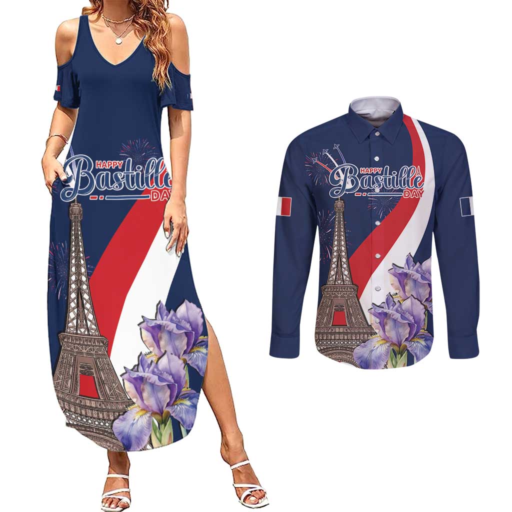 Personalized France Bastille Day Couples Matching Summer Maxi Dress and Long Sleeve Button Shirt Le 14 Juillet