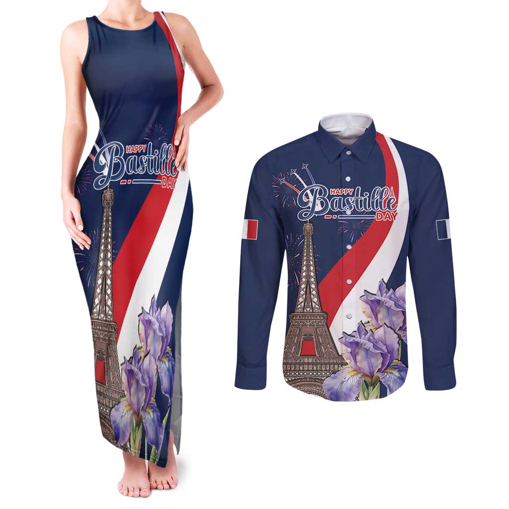 Personalized France Bastille Day Couples Matching Tank Maxi Dress and Long Sleeve Button Shirt Le 14 Juillet