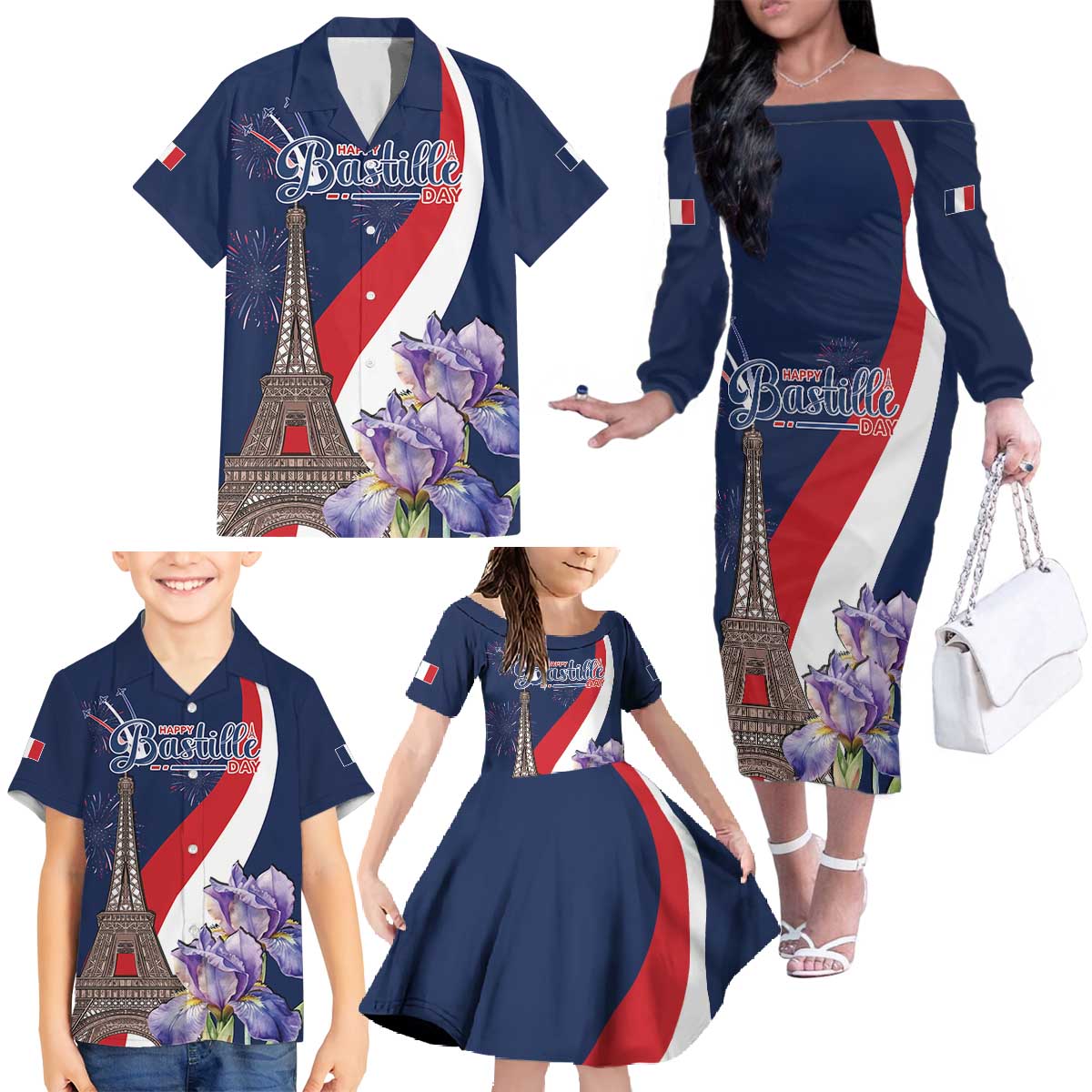 Personalized France Bastille Day Family Matching Off The Shoulder Long Sleeve Dress and Hawaiian Shirt Le 14 Juillet