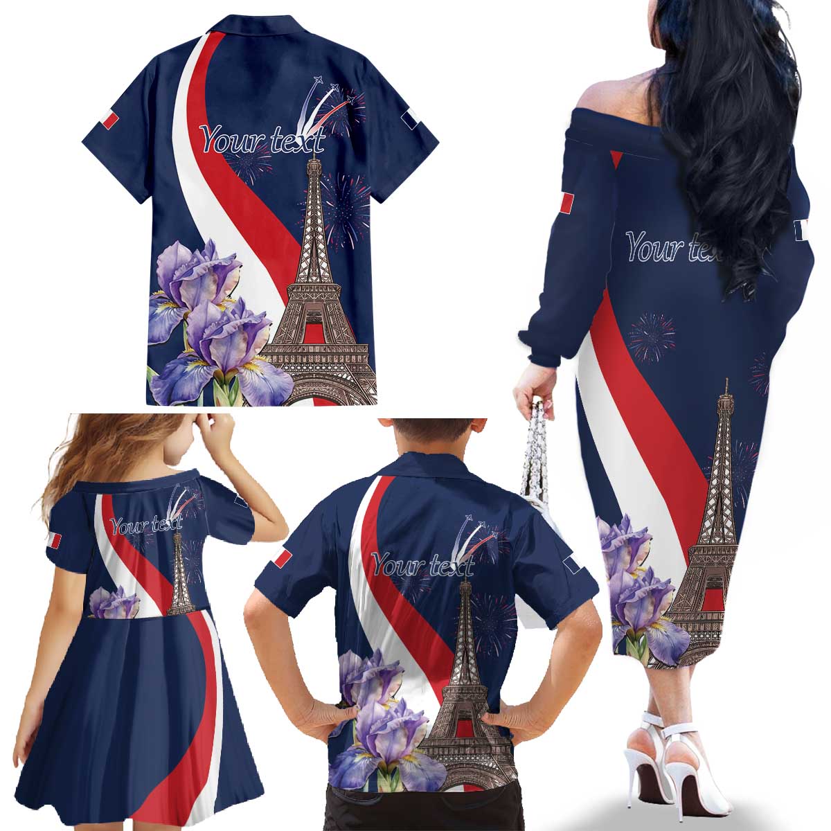 Personalized France Bastille Day Family Matching Off The Shoulder Long Sleeve Dress and Hawaiian Shirt Le 14 Juillet