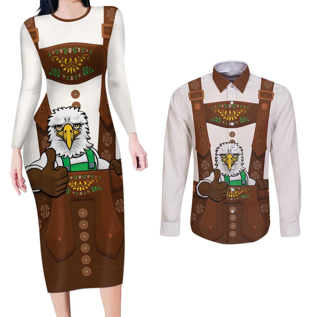 Lederhosen Costume Germany Couples Matching Long Sleeve Bodycon Dress and Long Sleeve Button Shirt Bald Eagles With Traditional German Pattern