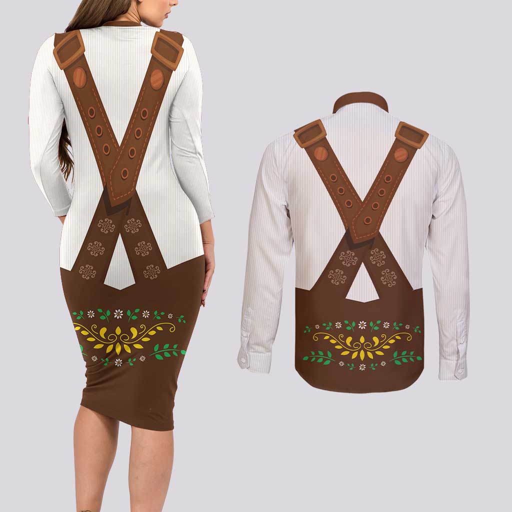 Lederhosen Costume Germany Couples Matching Long Sleeve Bodycon Dress and Long Sleeve Button Shirt Bald Eagles With Traditional German Pattern