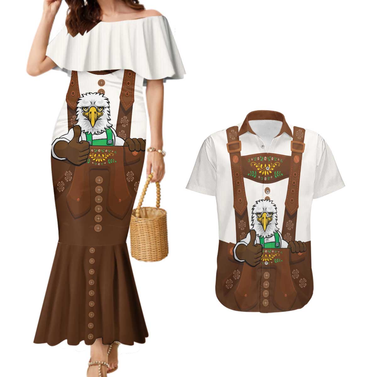 Lederhosen Costume Germany Couples Matching Mermaid Dress and Hawaiian Shirt Bald Eagles With Traditional German Pattern