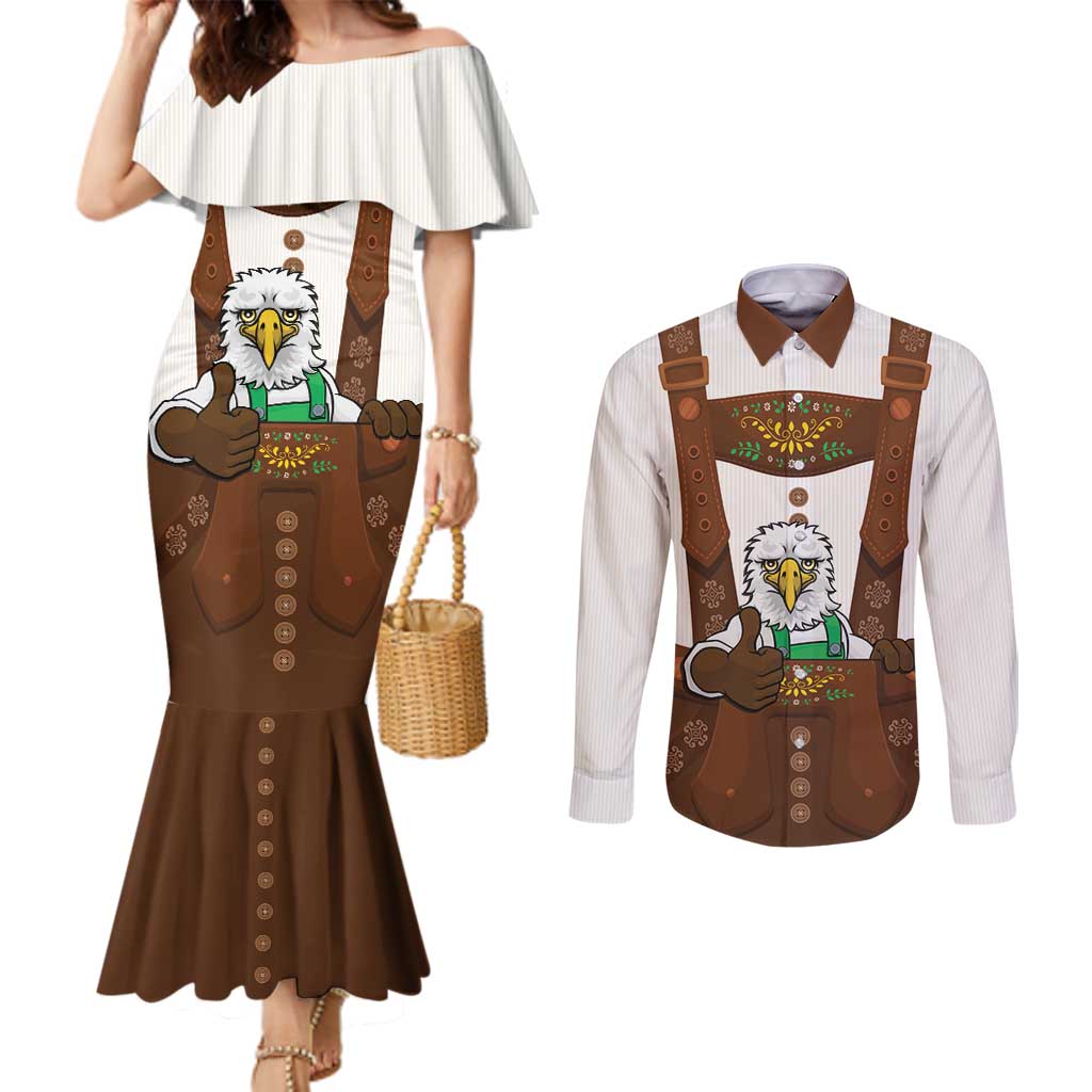 Lederhosen Costume Germany Couples Matching Mermaid Dress and Long Sleeve Button Shirt Bald Eagles With Traditional German Pattern