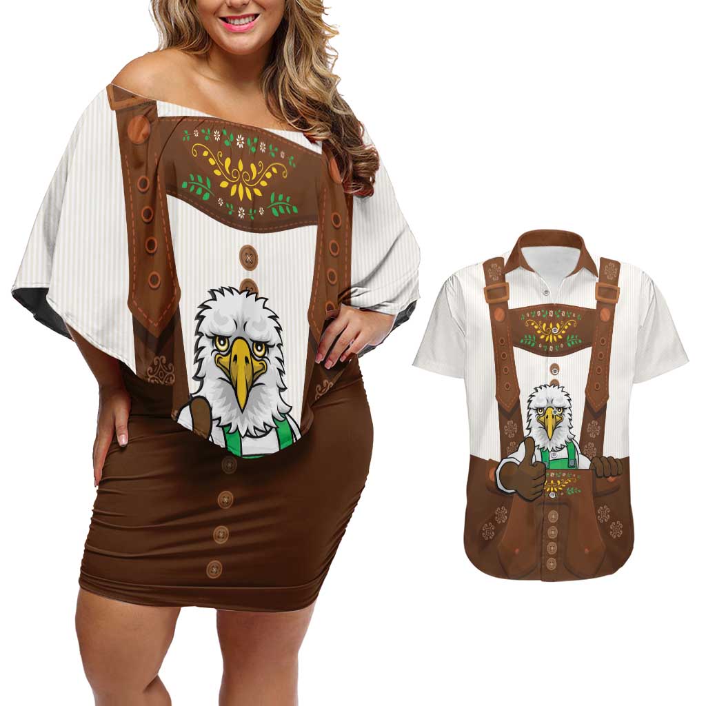 Lederhosen Costume Germany Couples Matching Off Shoulder Short Dress and Hawaiian Shirt Bald Eagles With Traditional German Pattern
