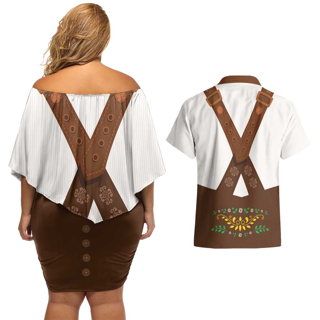 Lederhosen Costume Germany Couples Matching Off Shoulder Short Dress and Hawaiian Shirt Bald Eagles With Traditional German Pattern