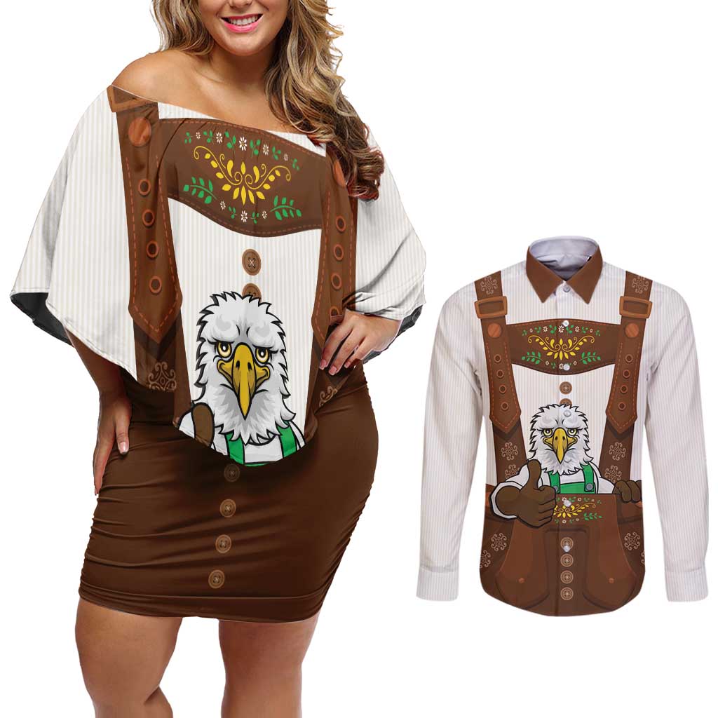 Lederhosen Costume Germany Couples Matching Off Shoulder Short Dress and Long Sleeve Button Shirt Bald Eagles With Traditional German Pattern