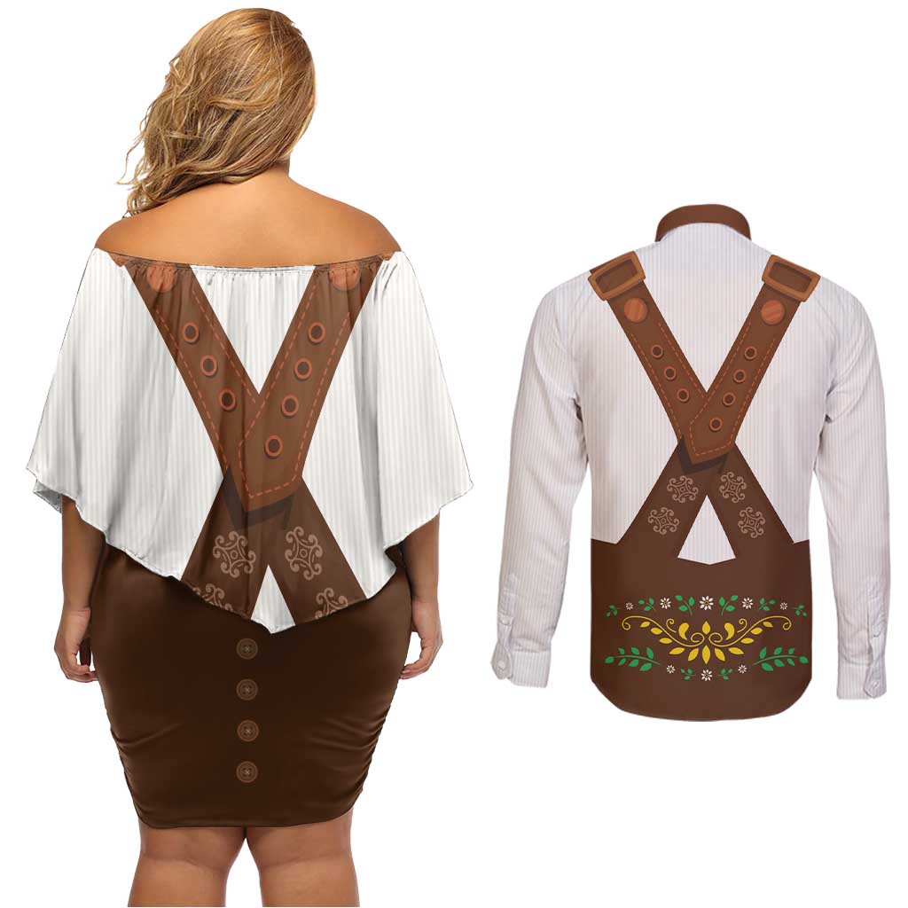 Lederhosen Costume Germany Couples Matching Off Shoulder Short Dress and Long Sleeve Button Shirt Bald Eagles With Traditional German Pattern