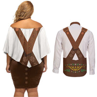 Lederhosen Costume Germany Couples Matching Off Shoulder Short Dress and Long Sleeve Button Shirt Bald Eagles With Traditional German Pattern