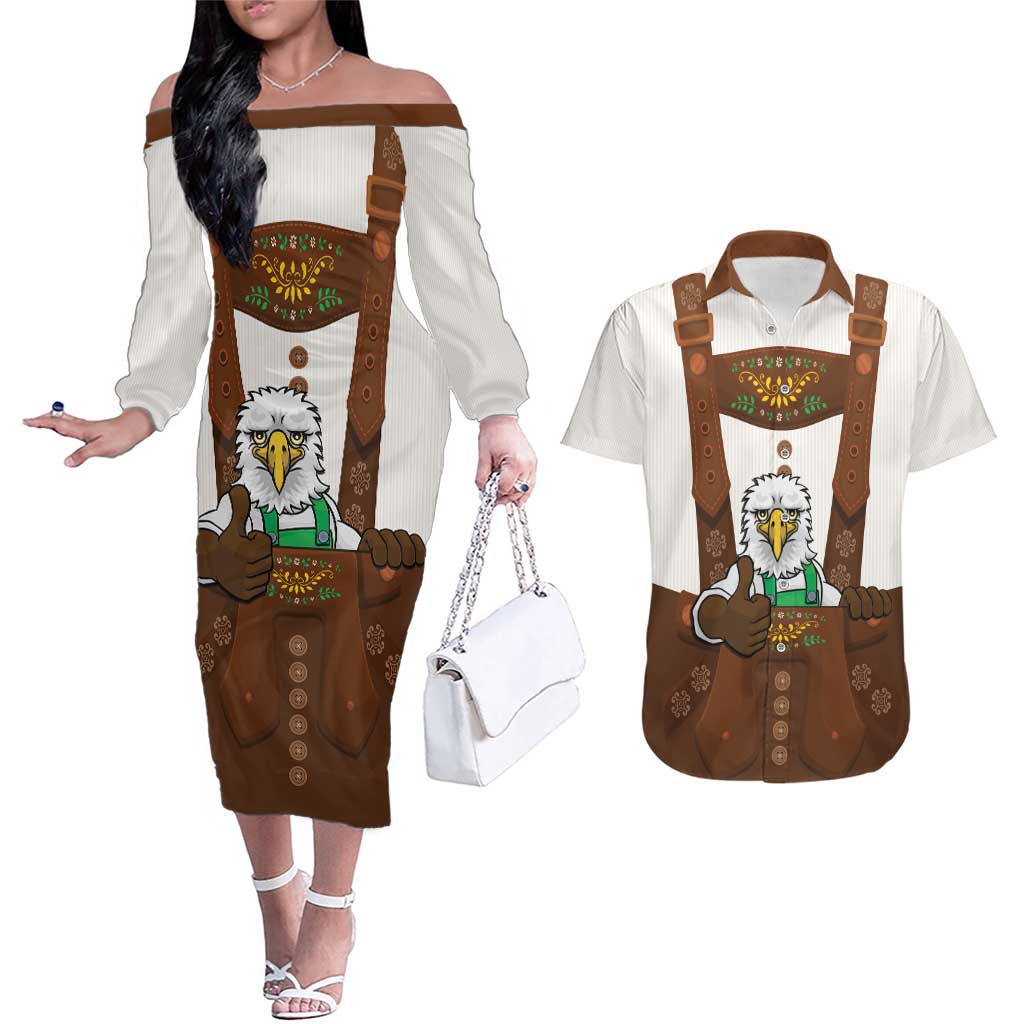 Lederhosen Costume Germany Couples Matching Off The Shoulder Long Sleeve Dress and Hawaiian Shirt Bald Eagles With Traditional German Pattern