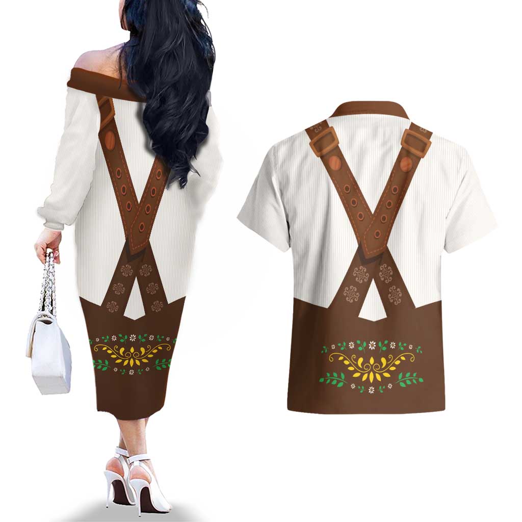 Lederhosen Costume Germany Couples Matching Off The Shoulder Long Sleeve Dress and Hawaiian Shirt Bald Eagles With Traditional German Pattern