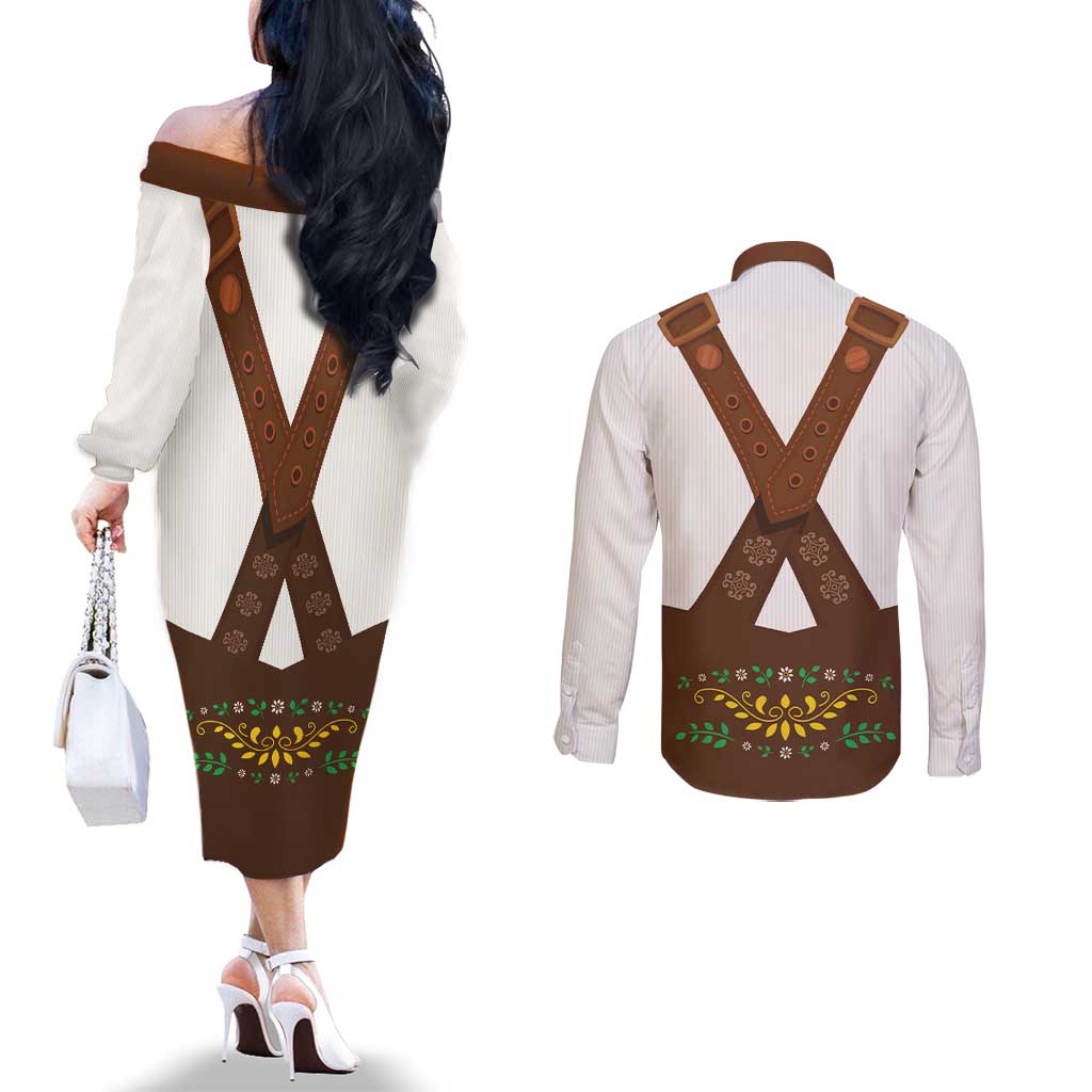 Lederhosen Costume Germany Couples Matching Off The Shoulder Long Sleeve Dress and Long Sleeve Button Shirt Bald Eagles With Traditional German Pattern