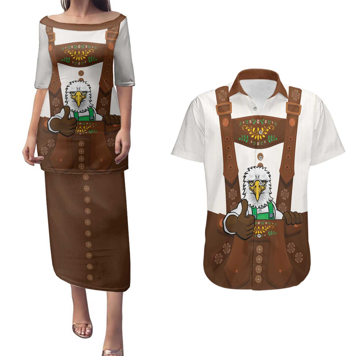Lederhosen Costume Germany Couples Matching Puletasi and Hawaiian Shirt Bald Eagles With Traditional German Pattern