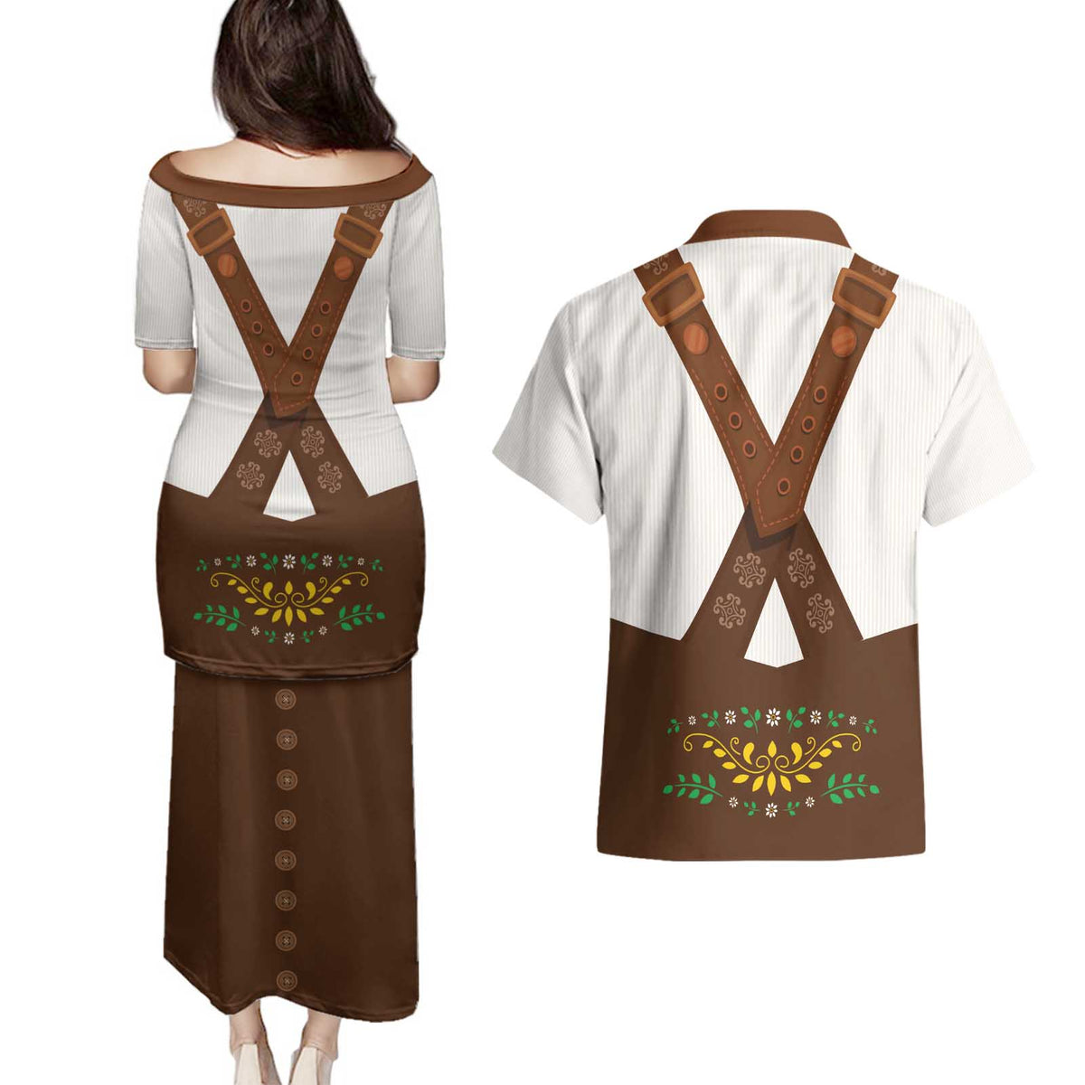 Lederhosen Costume Germany Couples Matching Puletasi and Hawaiian Shirt Bald Eagles With Traditional German Pattern