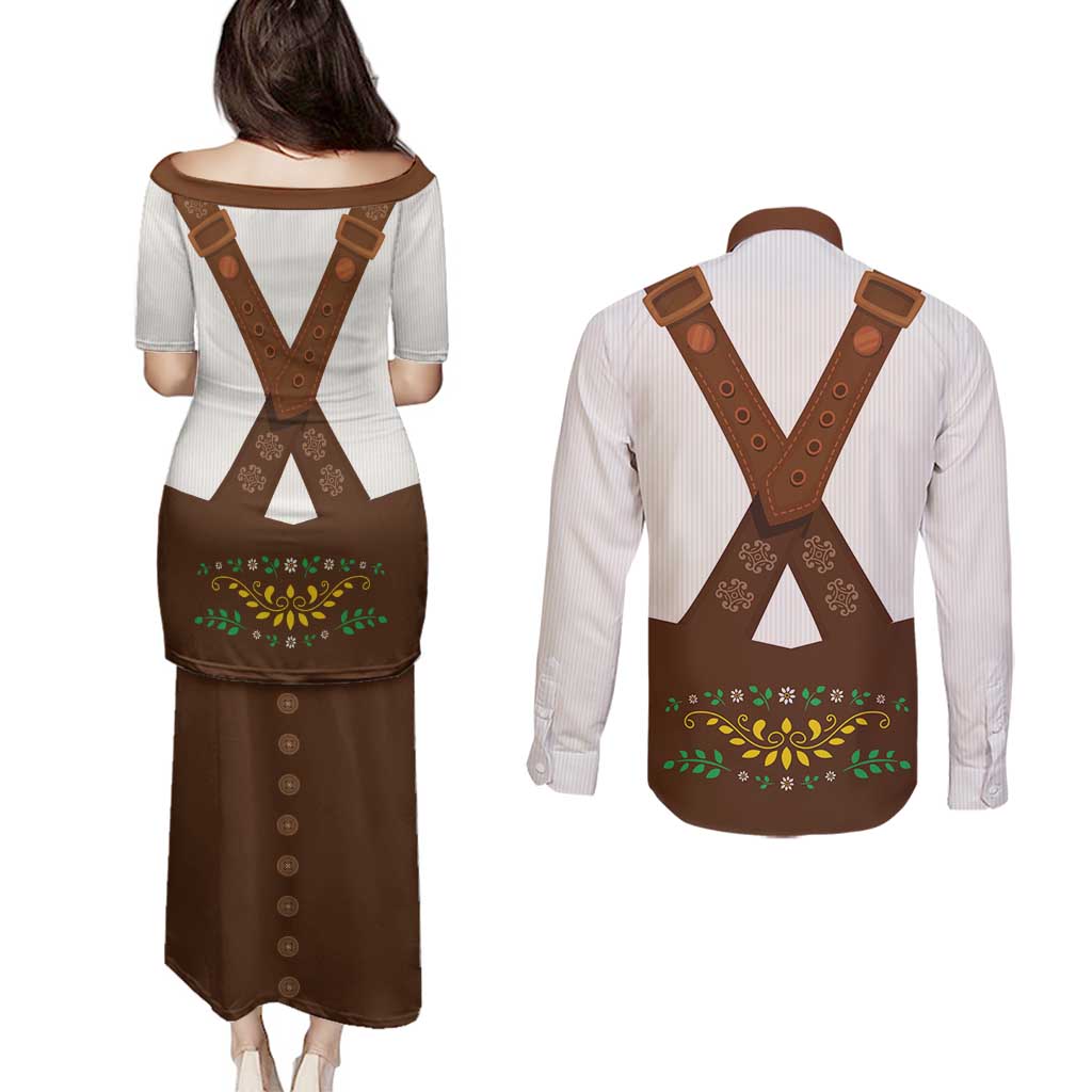 Lederhosen Costume Germany Couples Matching Puletasi and Long Sleeve Button Shirt Bald Eagles With Traditional German Pattern