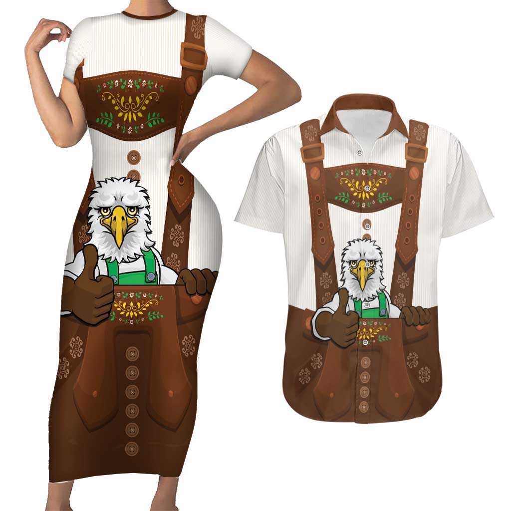 Lederhosen Costume Germany Couples Matching Short Sleeve Bodycon Dress and Hawaiian Shirt Bald Eagles With Traditional German Pattern