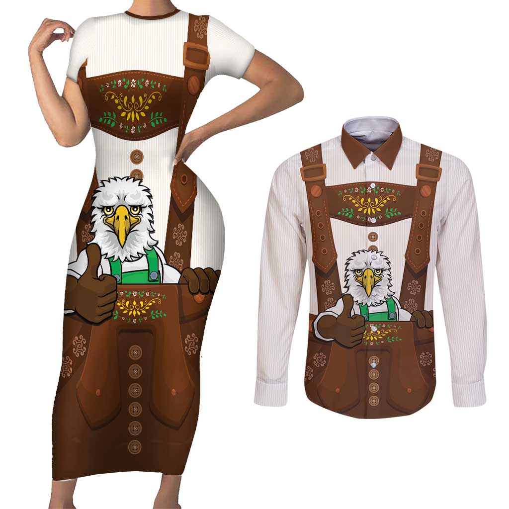 Lederhosen Costume Germany Couples Matching Short Sleeve Bodycon Dress and Long Sleeve Button Shirt Bald Eagles With Traditional German Pattern