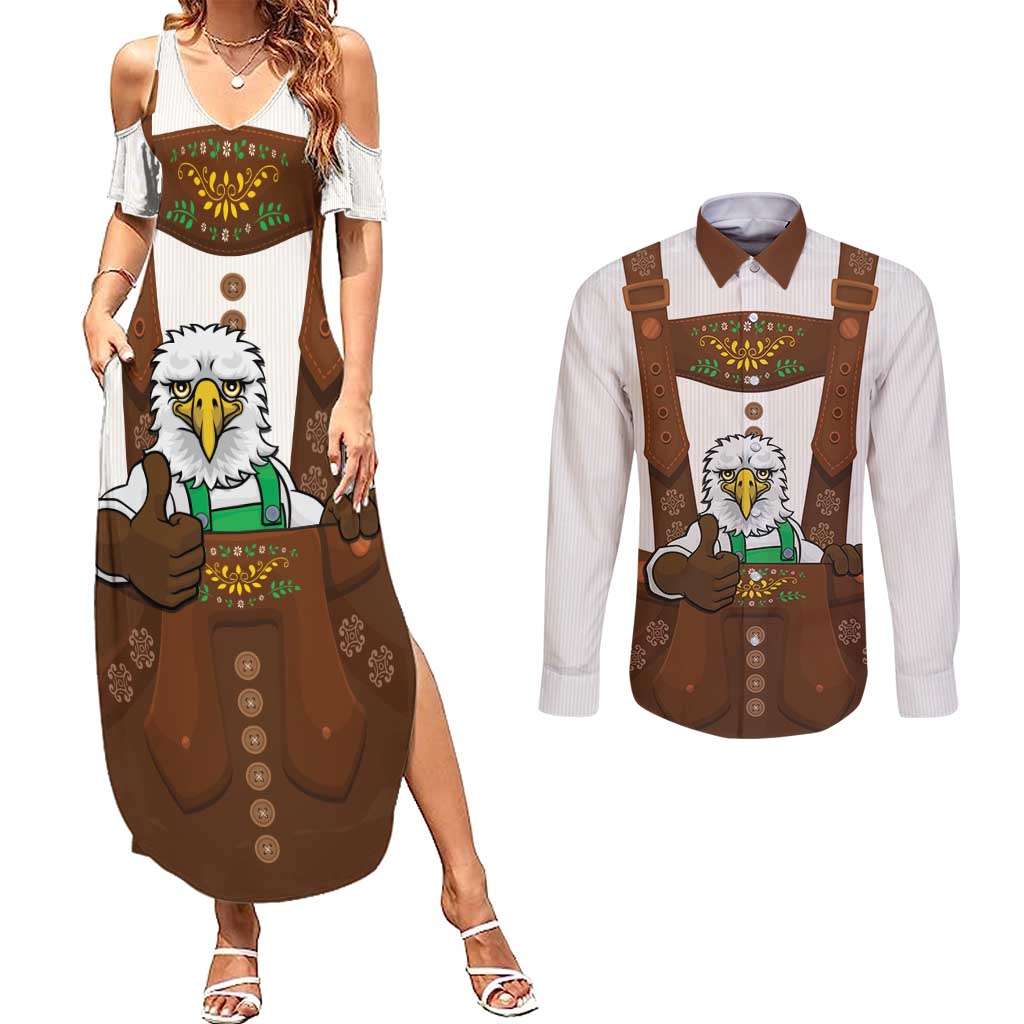 Lederhosen Costume Germany Couples Matching Summer Maxi Dress and Long Sleeve Button Shirt Bald Eagles With Traditional German Pattern