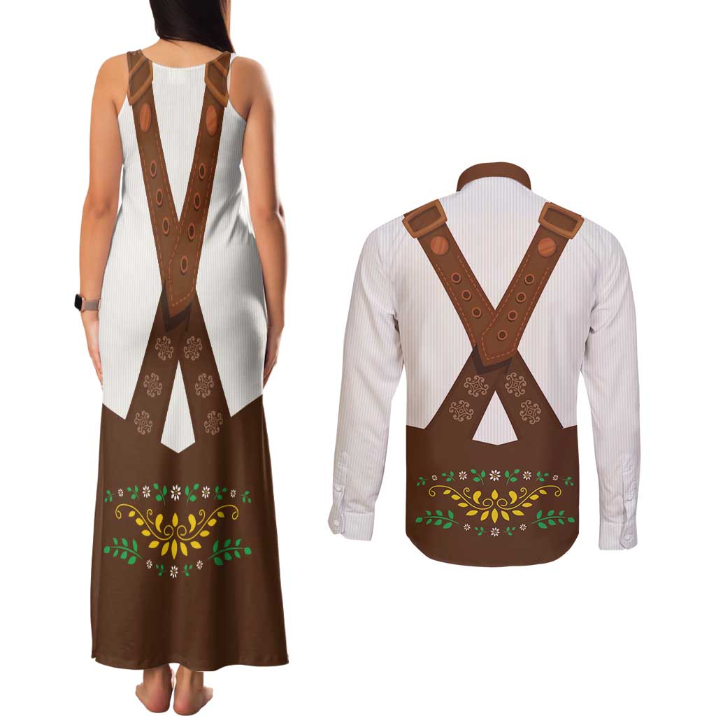 Lederhosen Costume Germany Couples Matching Tank Maxi Dress and Long Sleeve Button Shirt Bald Eagles With Traditional German Pattern