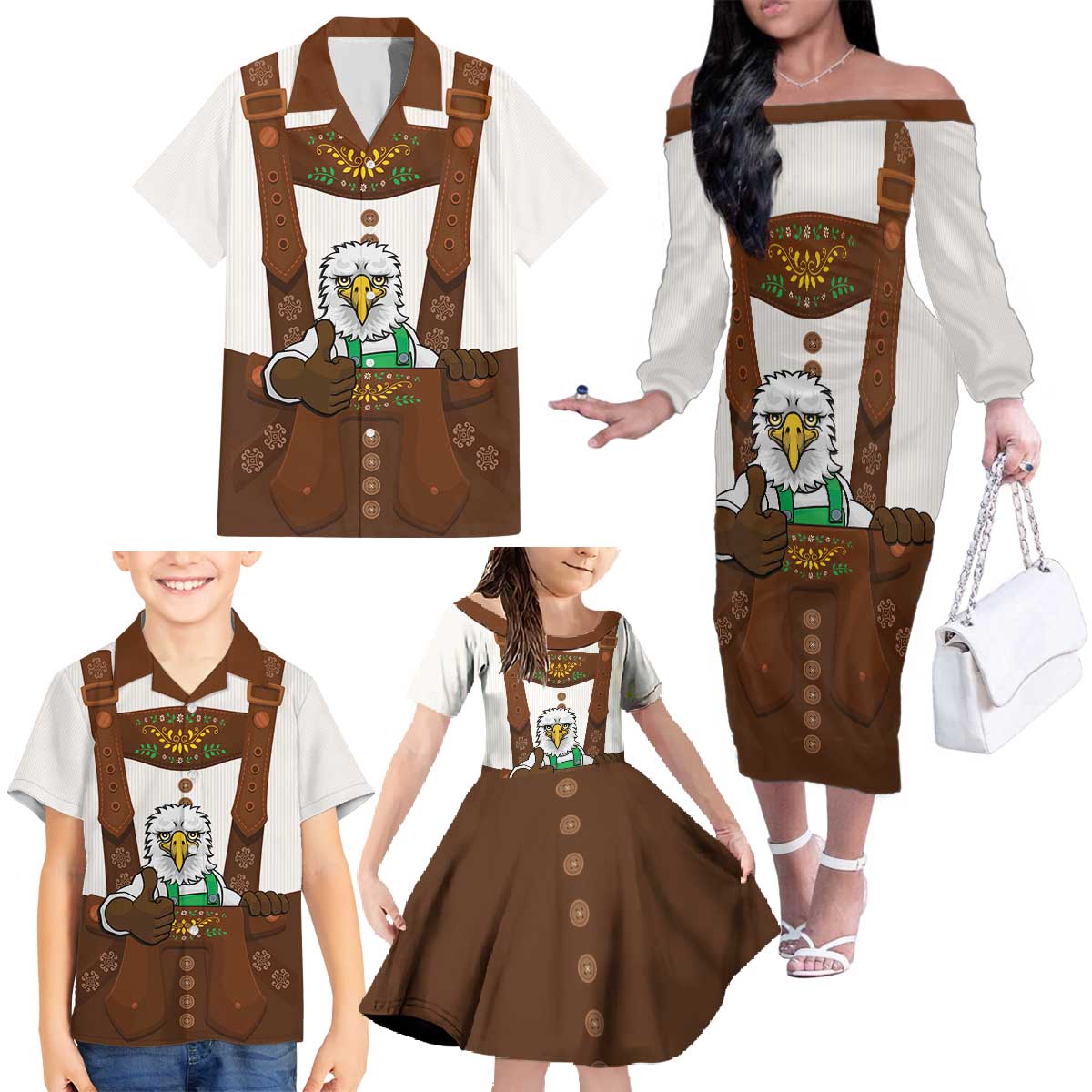 Lederhosen Costume Germany Family Matching Off The Shoulder Long Sleeve Dress and Hawaiian Shirt Bald Eagles With Traditional German Pattern