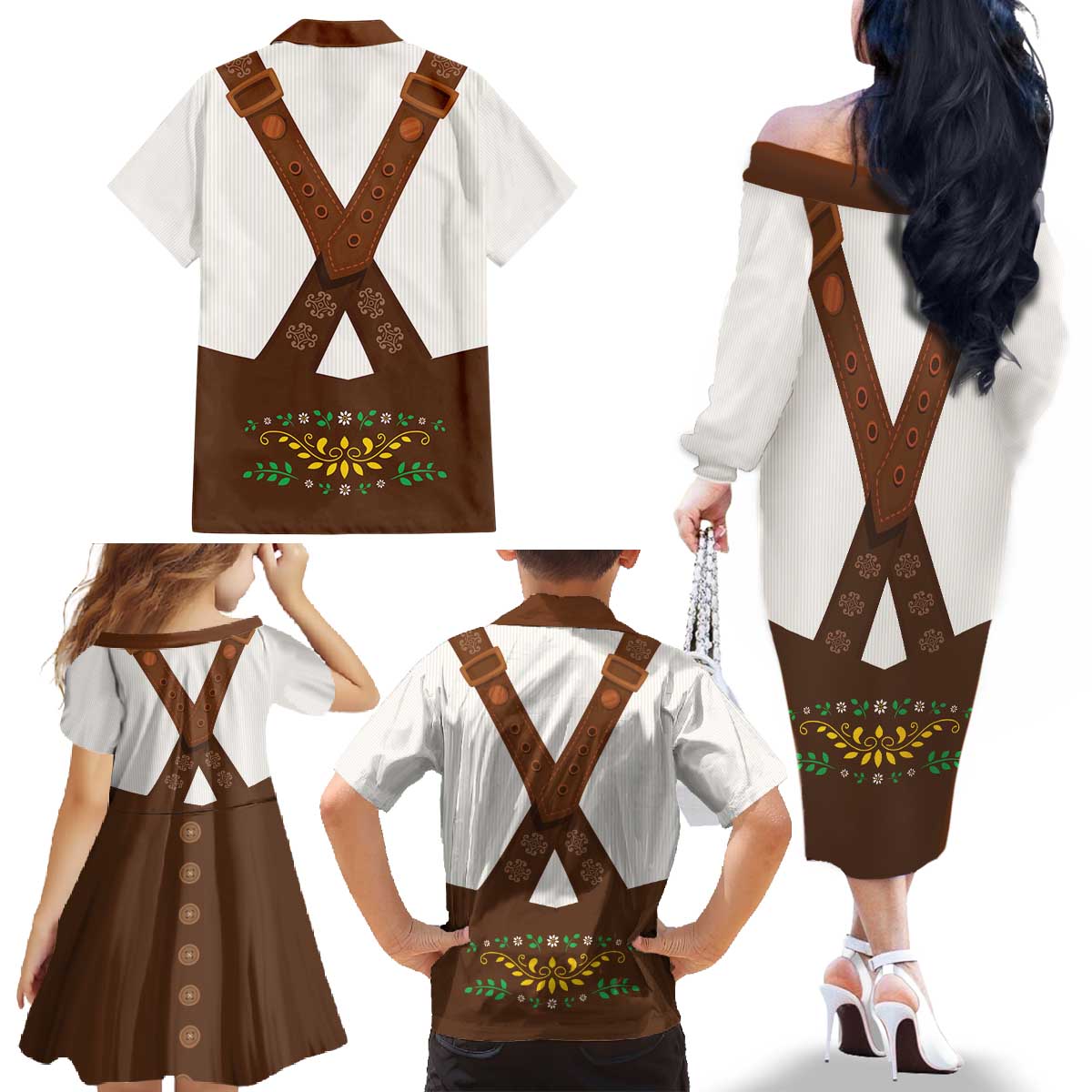 Lederhosen Costume Germany Family Matching Off The Shoulder Long Sleeve Dress and Hawaiian Shirt Bald Eagles With Traditional German Pattern