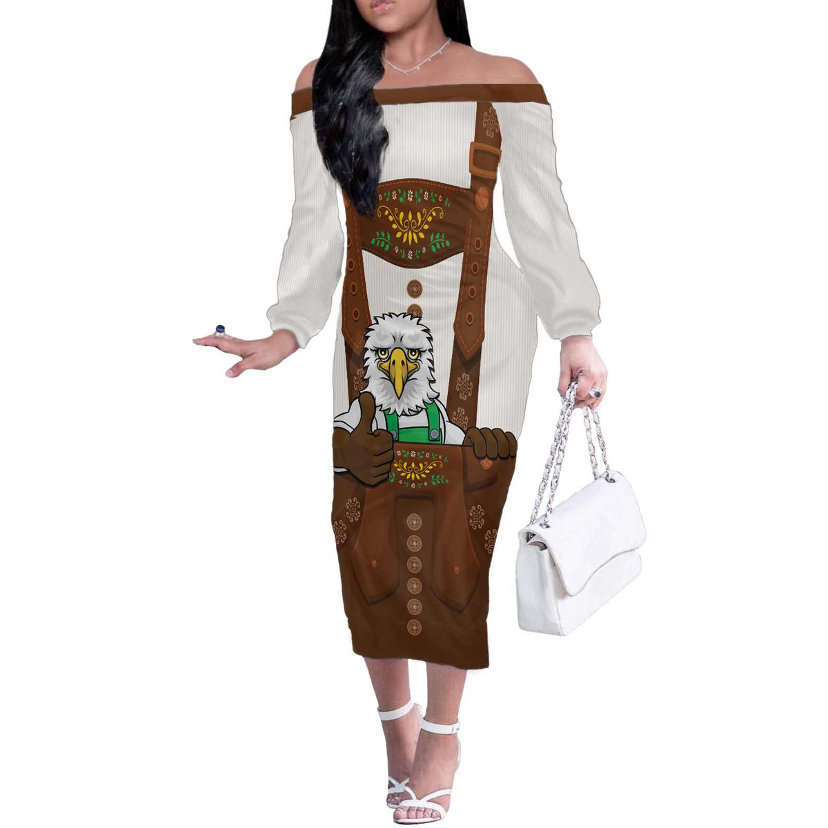 Lederhosen Costume Germany Off The Shoulder Long Sleeve Dress Bald Eagles With Traditional German Pattern