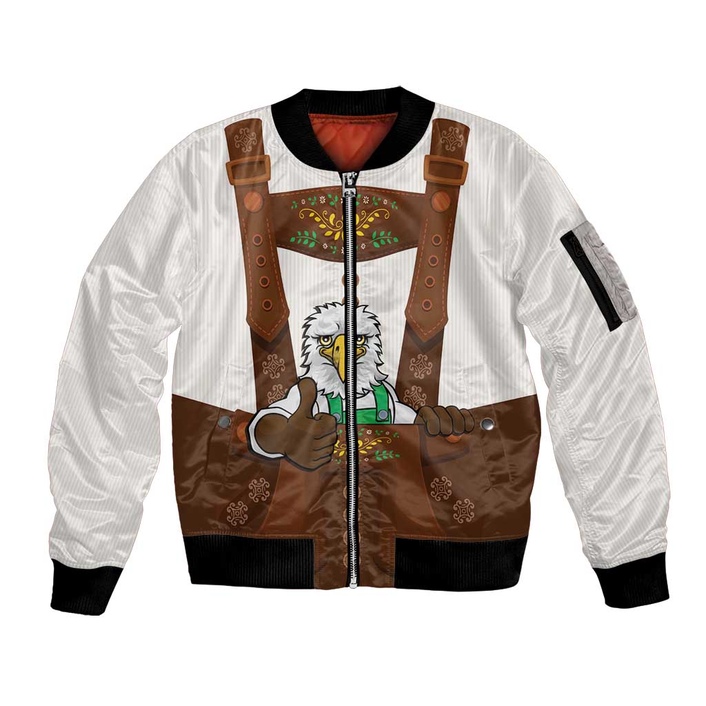 Lederhosen Costume Germany Sleeve Zip Bomber Jacket Bald Eagles With Traditional German Pattern
