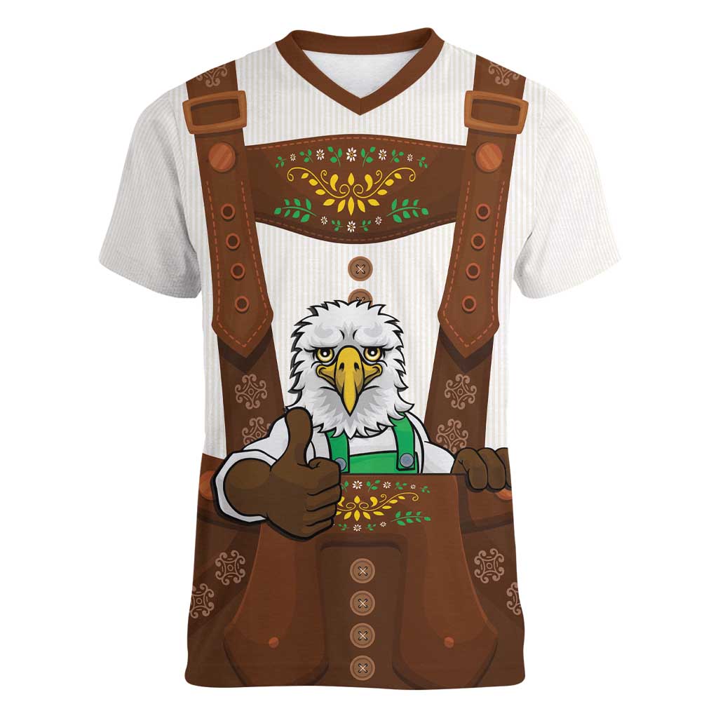 Lederhosen Costume Germany Women V-Neck T-Shirt Bald Eagles With Traditional German Pattern