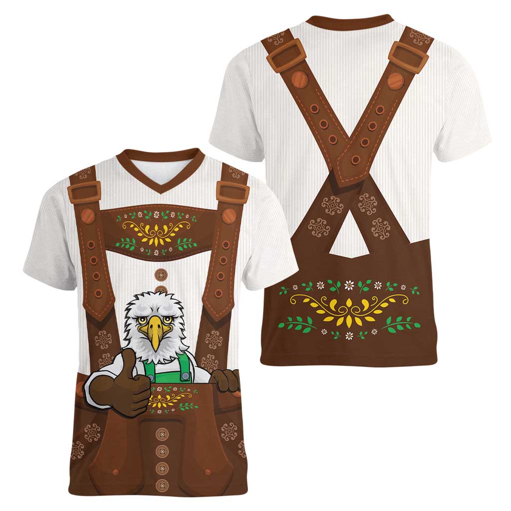 Lederhosen Costume Germany Women V-Neck T-Shirt Bald Eagles With Traditional German Pattern