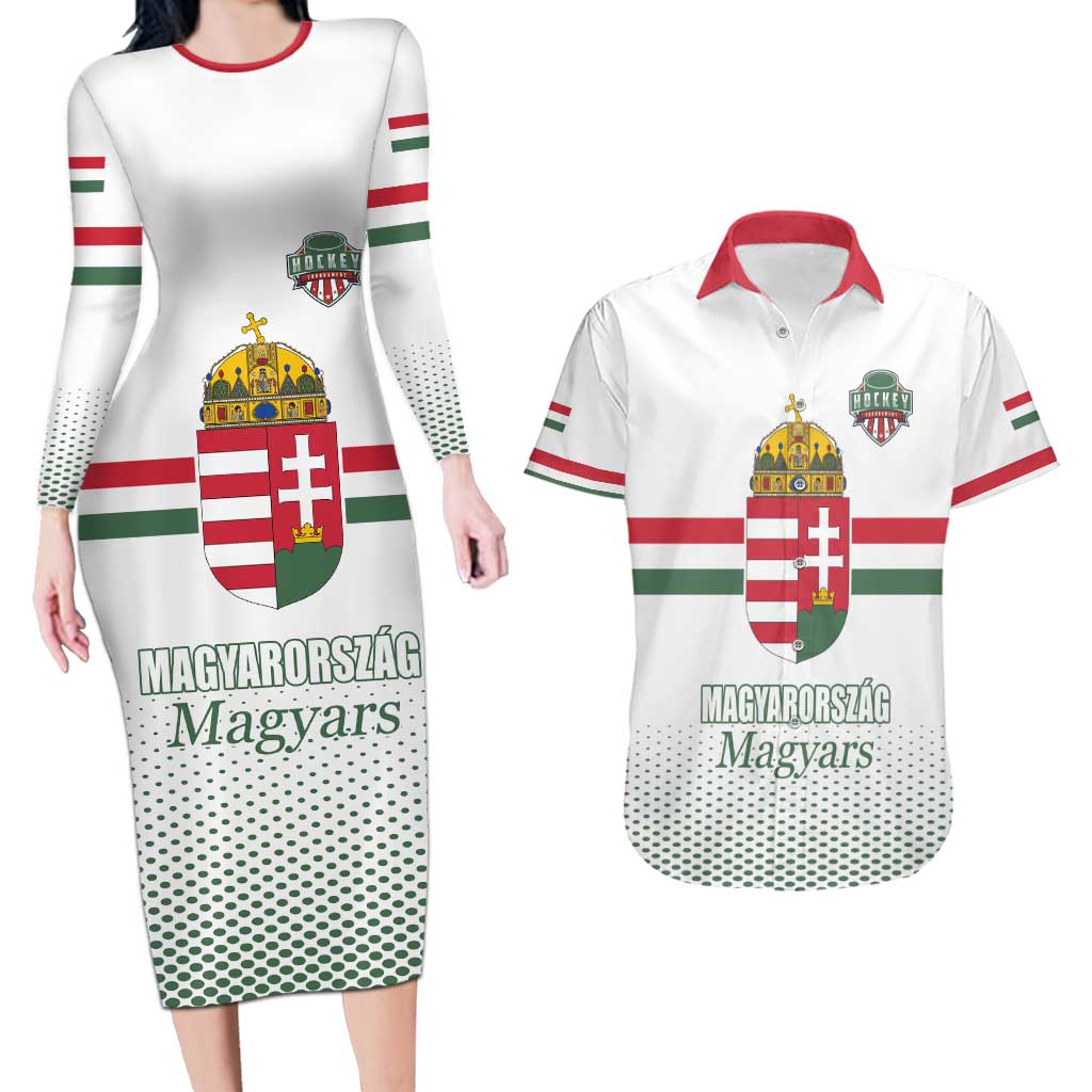 Custom Hungary Ice Hockey Couples Matching Long Sleeve Bodycon Dress and Hawaiian Shirt White Style Come on Magyars