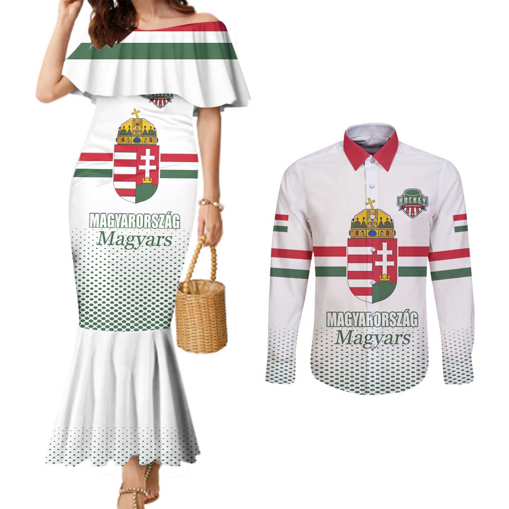 Custom Hungary Ice Hockey Couples Matching Mermaid Dress and Long Sleeve Button Shirt White Style Come on Magyars