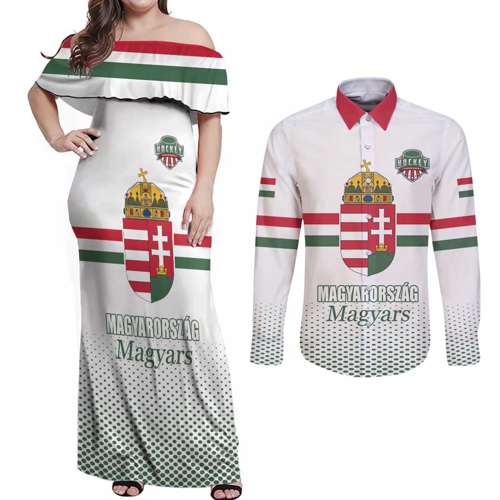 Custom Hungary Ice Hockey Couples Matching Off Shoulder Maxi Dress and Long Sleeve Button Shirt White Style Come on Magyars