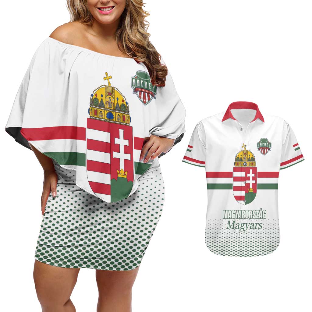 Custom Hungary Ice Hockey Couples Matching Off Shoulder Short Dress and Hawaiian Shirt White Style Come on Magyars