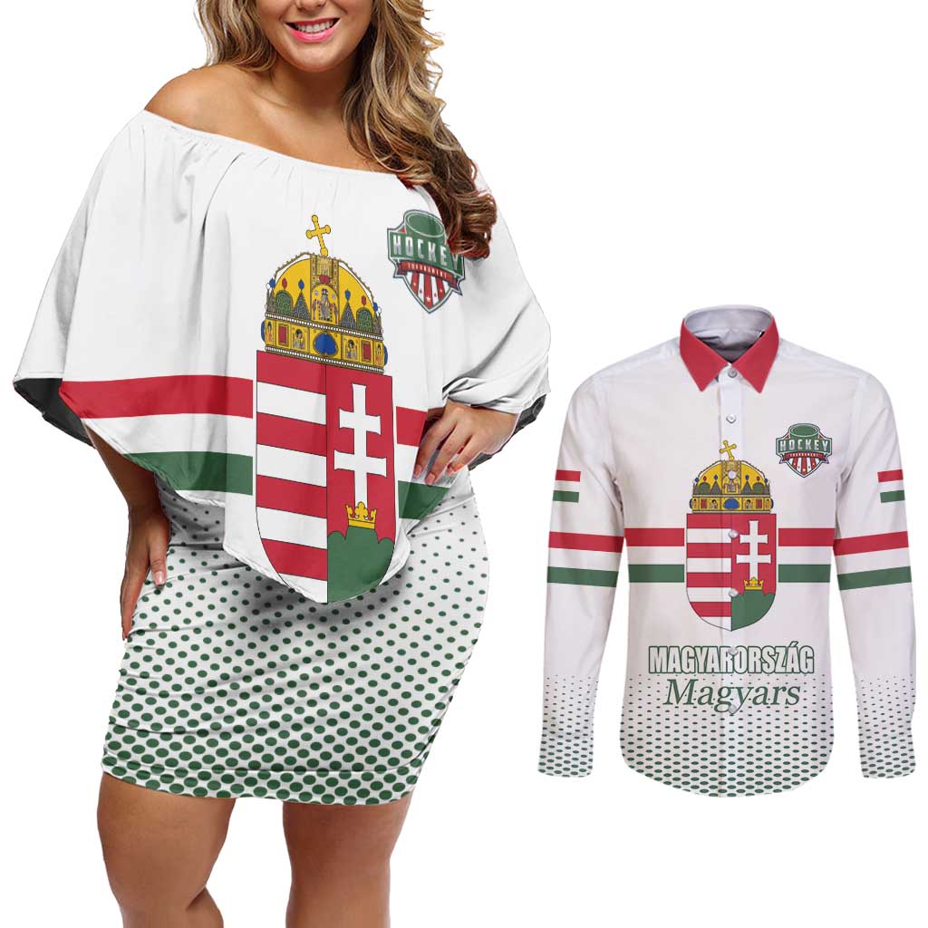 Custom Hungary Ice Hockey Couples Matching Off Shoulder Short Dress and Long Sleeve Button Shirt White Style Come on Magyars