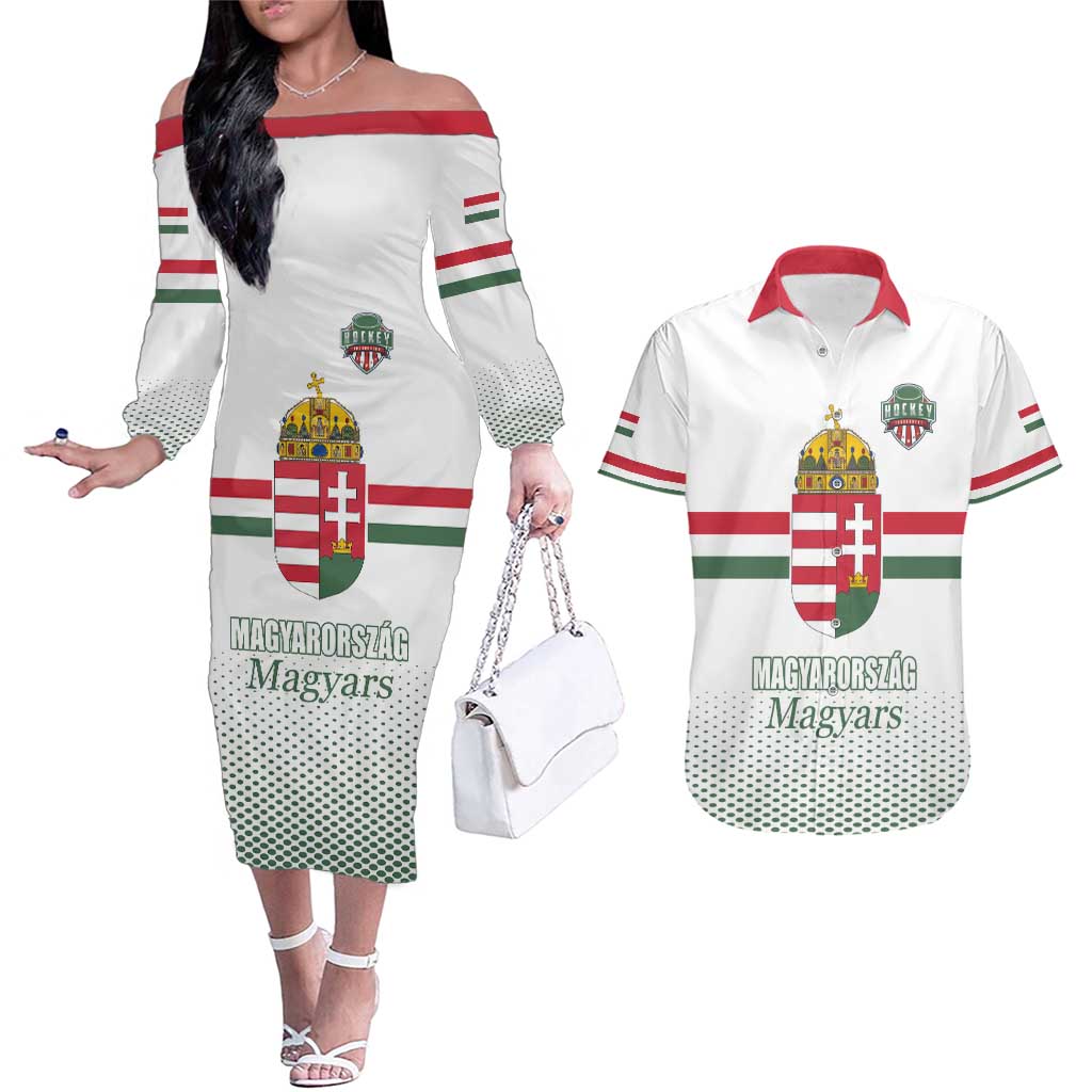 Custom Hungary Ice Hockey Couples Matching Off The Shoulder Long Sleeve Dress and Hawaiian Shirt White Style Come on Magyars
