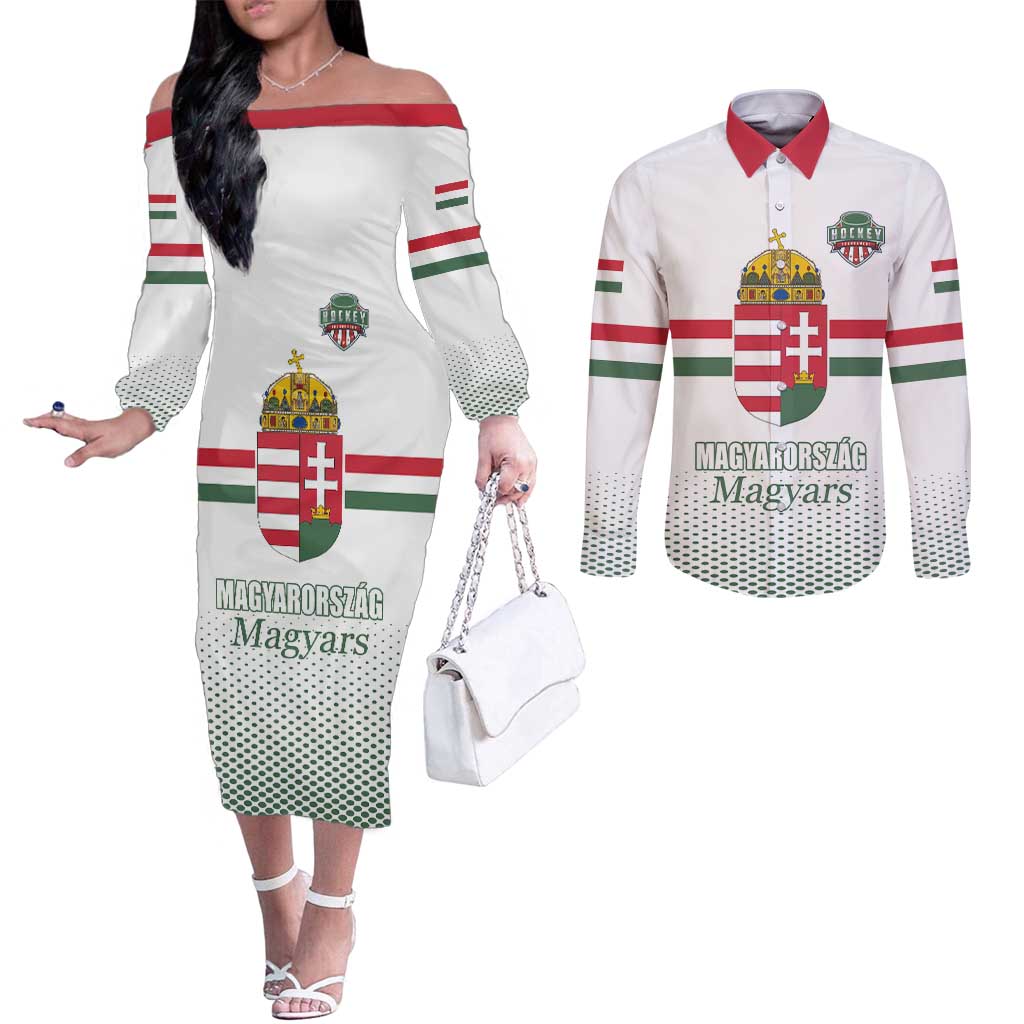 Custom Hungary Ice Hockey Couples Matching Off The Shoulder Long Sleeve Dress and Long Sleeve Button Shirt White Style Come on Magyars
