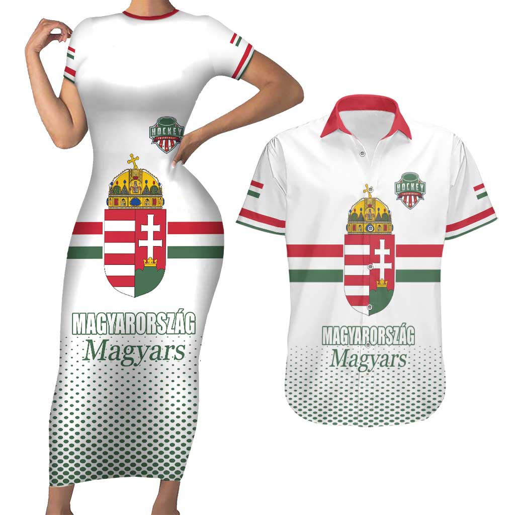Custom Hungary Ice Hockey Couples Matching Short Sleeve Bodycon Dress and Hawaiian Shirt White Style Come on Magyars
