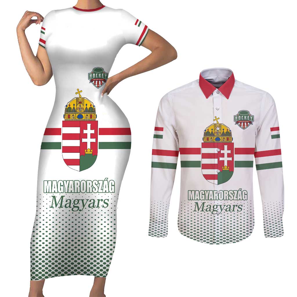 Custom Hungary Ice Hockey Couples Matching Short Sleeve Bodycon Dress and Long Sleeve Button Shirt White Style Come on Magyars