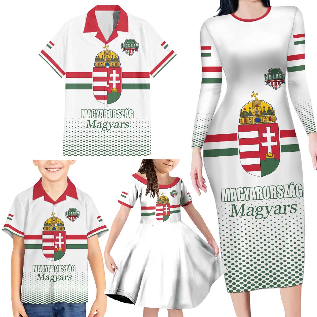 Custom Hungary Ice Hockey Family Matching Long Sleeve Bodycon Dress and Hawaiian Shirt White Style Come on Magyars