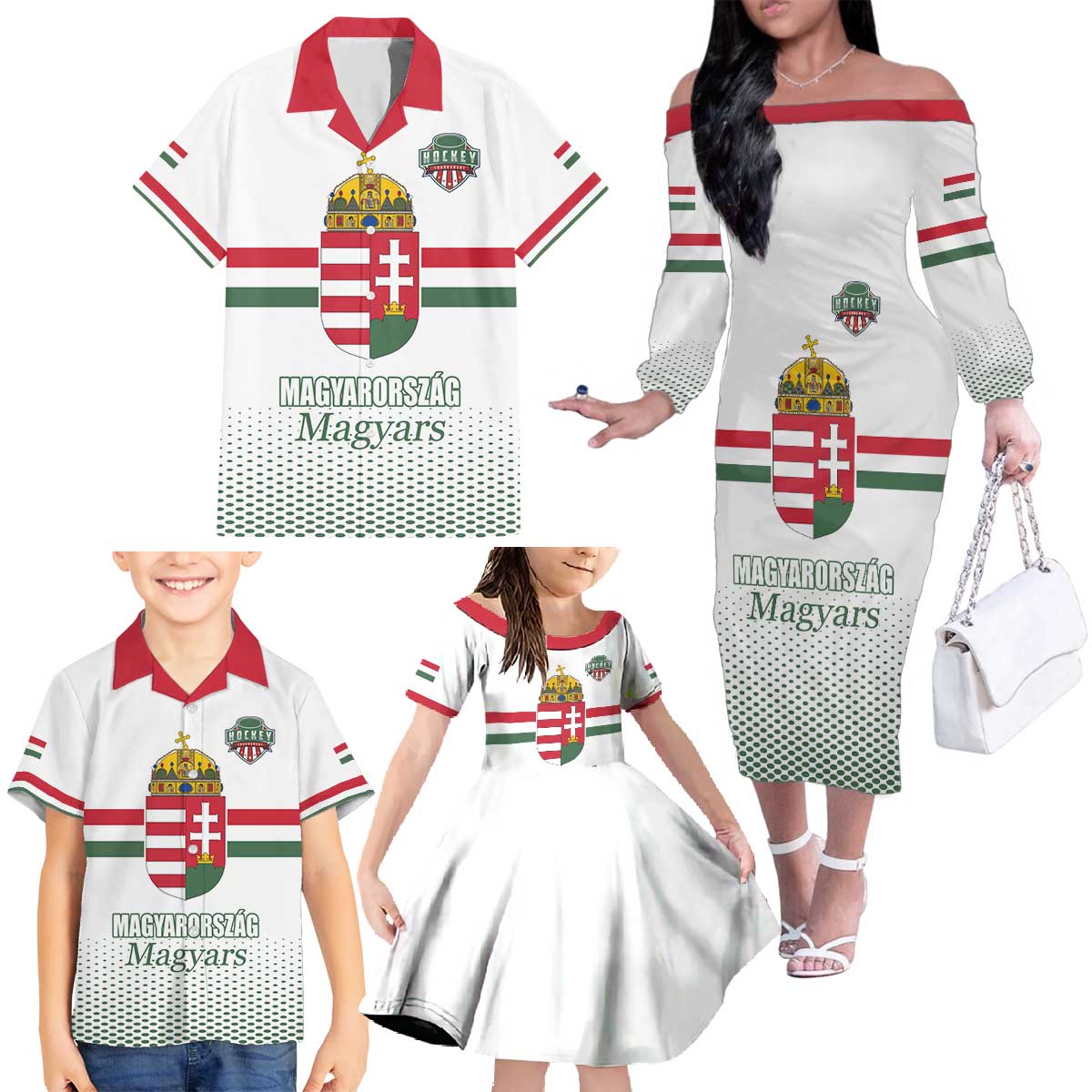 Custom Hungary Ice Hockey Family Matching Off The Shoulder Long Sleeve Dress and Hawaiian Shirt White Style Come on Magyars