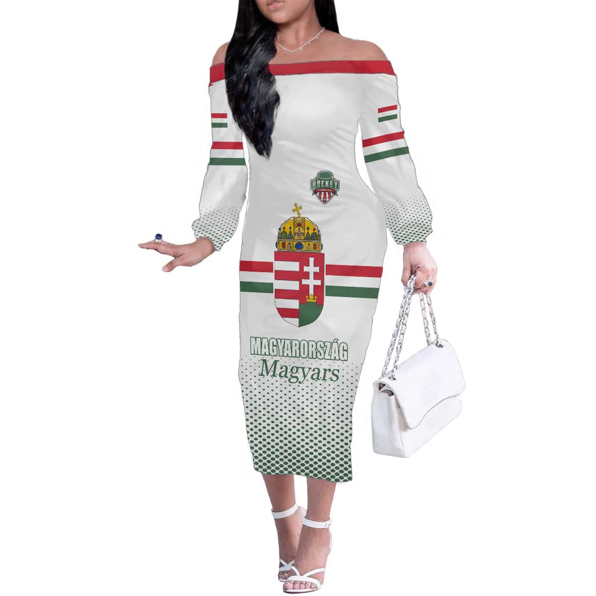 Custom Hungary Ice Hockey Family Matching Off The Shoulder Long Sleeve Dress and Hawaiian Shirt White Style Come on Magyars