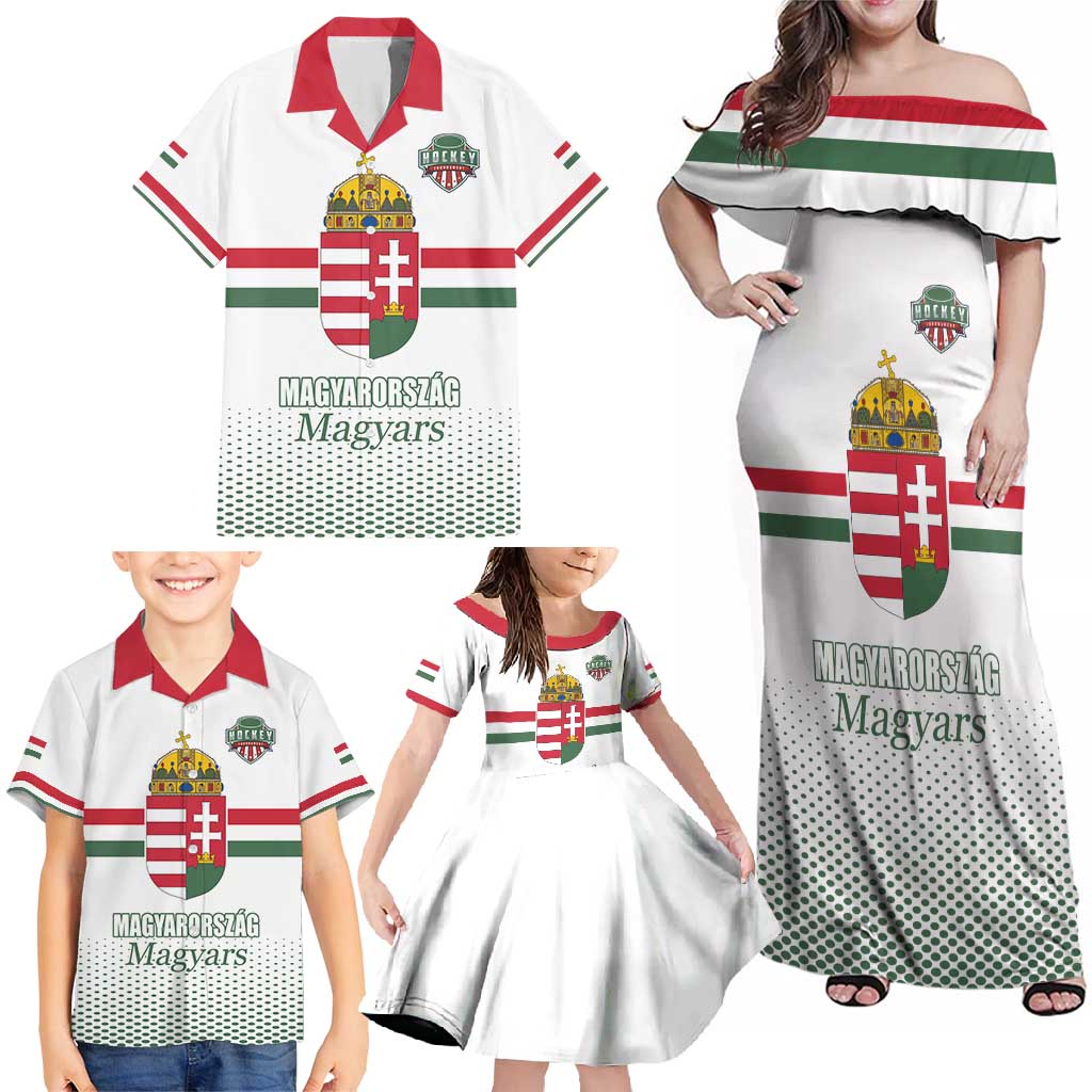 Custom Hungary Ice Hockey Family Matching Off Shoulder Maxi Dress and Hawaiian Shirt White Style Come on Magyars