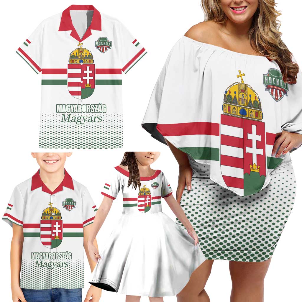 Custom Hungary Ice Hockey Family Matching Off Shoulder Short Dress and Hawaiian Shirt White Style Come on Magyars