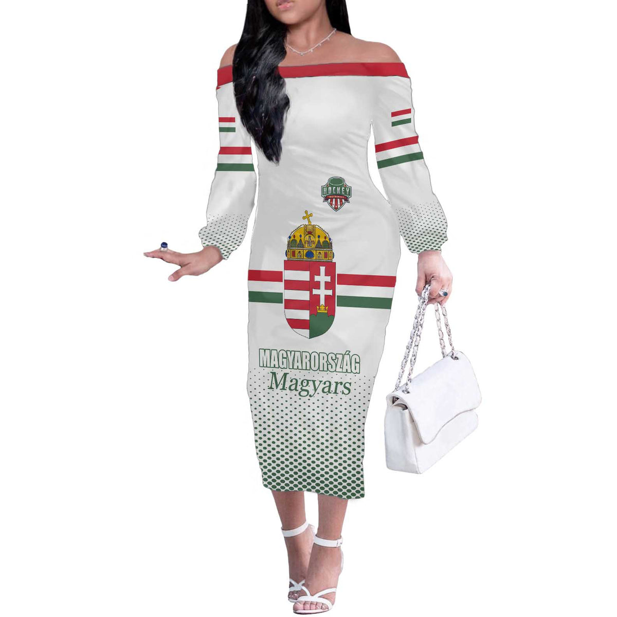 Custom Hungary Ice Hockey Off The Shoulder Long Sleeve Dress White Style Come on Magyars