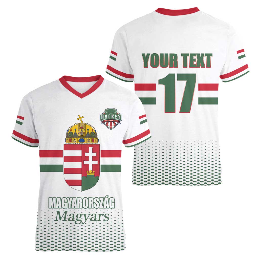 Custom Hungary Ice Hockey Women V-Neck T-Shirt White Style Come on Magyars